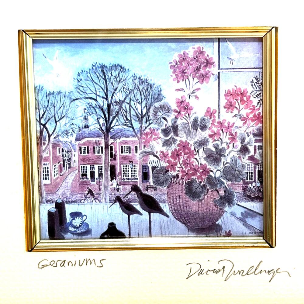 David Zwillinger art work "Geraniums" signed matted & framed print 3" x 4"